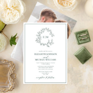 Emerald Green Leafy Wappen Monogram Foto Wedding Einladung