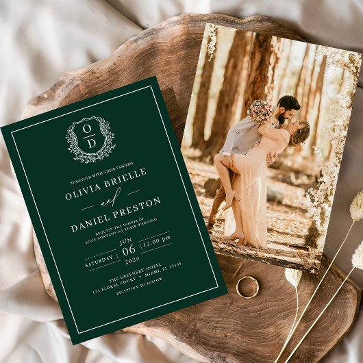 Emerald Green Leafy Wappen Monogram Foto Wedding Einladung