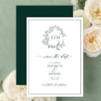 Emerald Green Leafy Wappen Monogram Save the Date