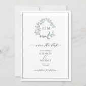 Emerald Green Leafy Wappen Monogram Save the Date Einladung (Vorderseite)