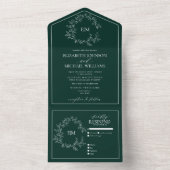 Emerald Green Leafy Wappen Monogram Wedding All In One Einladung (Innen Boden)