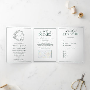 Emerald Green Leafy Wappen Monogram Wedding Dreifach Gefaltete Einladung