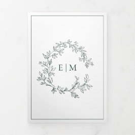 Emerald Green Leafy Wappen Monogram Wedding Dreifach Gefaltete Einladung