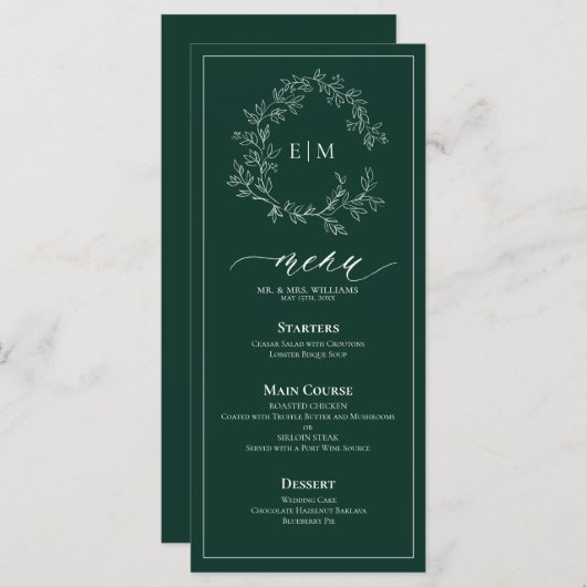 Emerald Green Leafy Wappen Monogram Wedding Menu Menükarte (Vorne/Hinten)