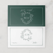 Emerald Green Leafy Wappen Monogram Wedding Platzkarte (Außenseite Aufgefaltet)