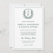 Emerald Green Leafy Wappen Monogram Wedding QR Cod Einladung (Vorderseite)