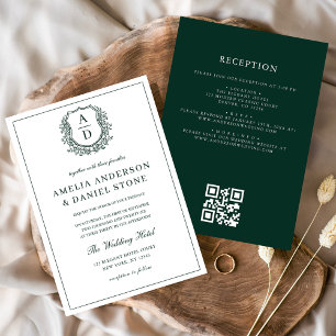 Emerald Green Leafy Wappen Monogram Wedding QR Cod Einladung
