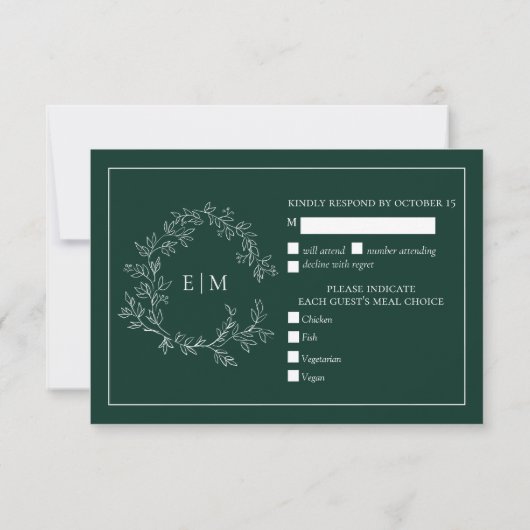 Emerald Green Leafy Wappen Monogram Wedding RSVP (Rückseite)