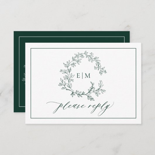Emerald Green Leafy Wappen Monogram Wedding RSVP (Vorne/Hinten)
