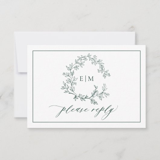 Emerald Green Leafy Wappen Monogram Wedding RSVP (Vorderseite)