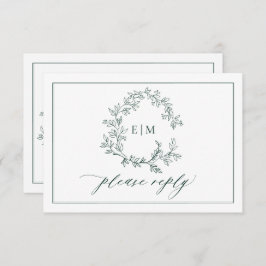 Emerald Green Leafy Wappen Monogram Wedding RSVP