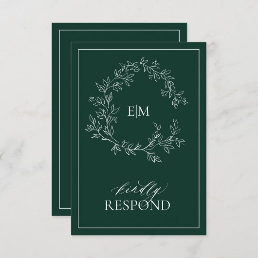 Emerald Green Leafy Wappen Monogram Wedding RSVP (Vorne/Hinten)