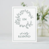 Emerald Green Leafy Wappen Monogram Wedding RSVP (Stehend Vorderseite)