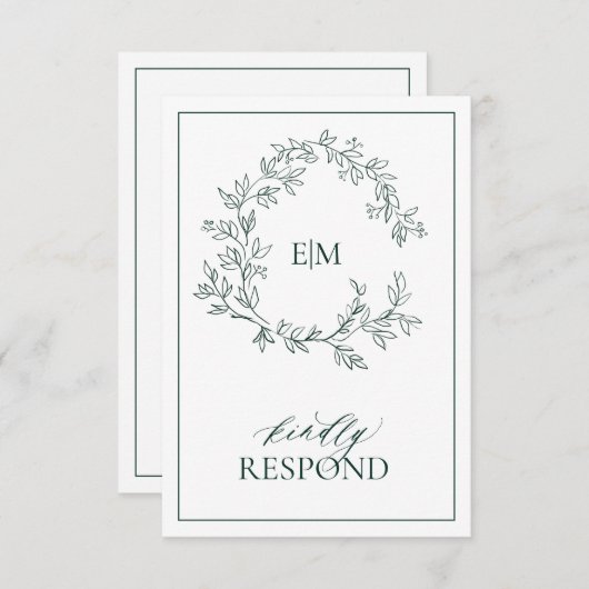 Emerald Green Leafy Wappen Monogram Wedding RSVP (Vorne/Hinten)