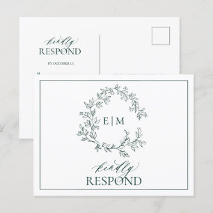 Emerald Green Leafy Wappen Monogram Wedding RSVP Einladungspostkarte