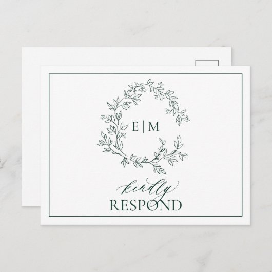 Emerald Green Leafy Wappen Monogram Wedding RSVP Einladungspostkarte (Vorne/Hinten)