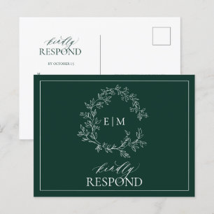 Emerald Green Leafy Wappen Monogram Wedding RSVP Einladungspostkarte
