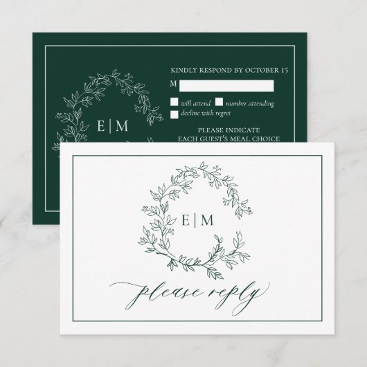 Emerald Green Leafy Wappen Monogram Wedding RSVP Karte (Vorne/Hinten)