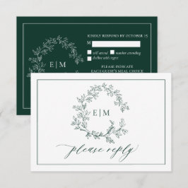 Emerald Green Leafy Wappen Monogram Wedding RSVP Karte