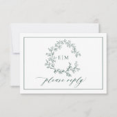 Emerald Green Leafy Wappen Monogram Wedding RSVP Karte (Vorderseite)