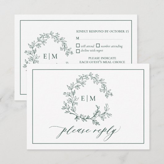 Emerald Green Leafy Wappen Monogram Wedding RSVP Karte (Vorne/Hinten)