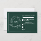Emerald Green Leafy Wappen Monogram Wedding RSVP Karte (Rückseite)