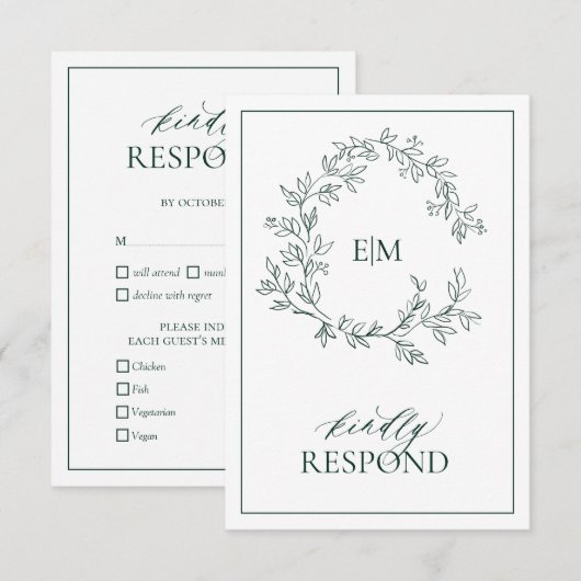 Emerald Green Leafy Wappen Monogram Wedding RSVP Karte (Vorne/Hinten)