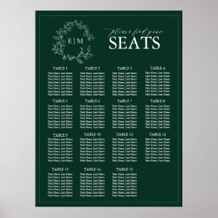Emerald Green Leafy Wappen Monogram Wedding Seatin Poster