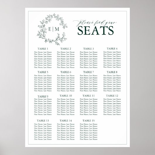 Emerald Green Leafy Wappen Monogram Wedding Seatin Poster (Vorne)