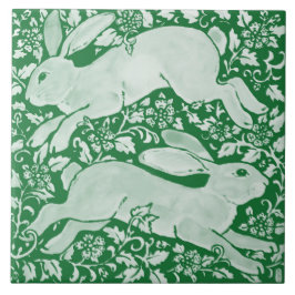 Emerald Green Leaping Rabbits Chinoiserie Floral Fliese