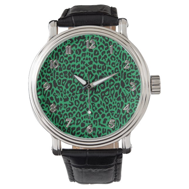 Emerald Green Leoopard Animal Print Watch Armbanduhr (Vorderseite)