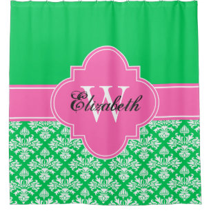 Emerald Green LG Damask #3 CB1IR Hot Pink Monogram Duschvorhang