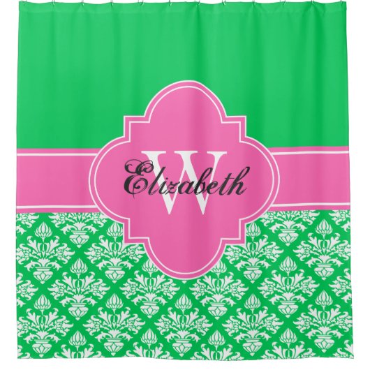 Emerald Green LG Damask #3 CB1IR Hot Pink Monogram Duschvorhang (Vorderseite)
