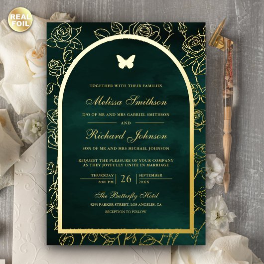Emerald Green Line Art Arch Butterfly Wedding Gold Folieneinladung