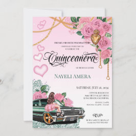 Emerald Green Lowrider Pink Rose Chola Quinceanera Einladung