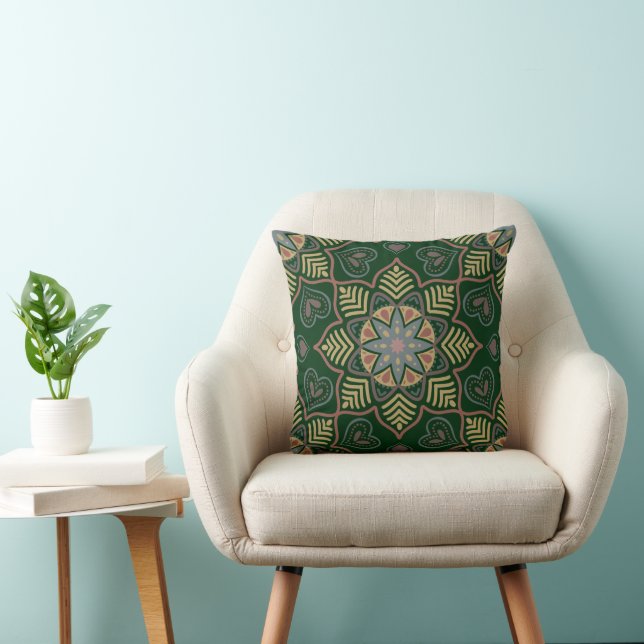Emerald Green Mandala Blume Bohemisches Muster Kissen (Stuhl )