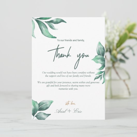 Emerald Green Marble & Gold Eucalyptus Wedding Dankeskarte (Stehend Vorderseite)