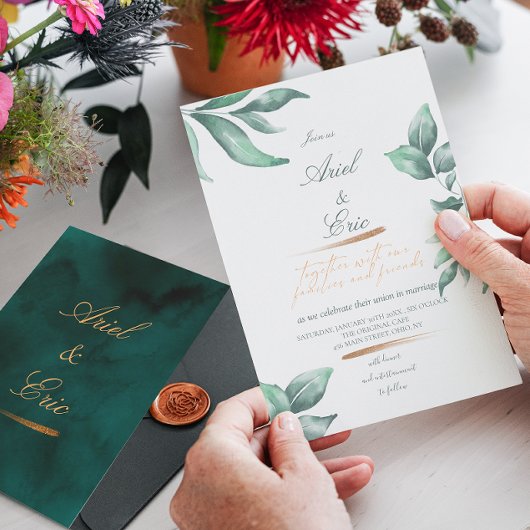 Emerald Green Marble & Gold Eucalyptus Wedding Einladung
