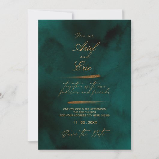 Emerald Green Marble & Gold Eucalyptus Wedding Save The Date (Vorderseite)