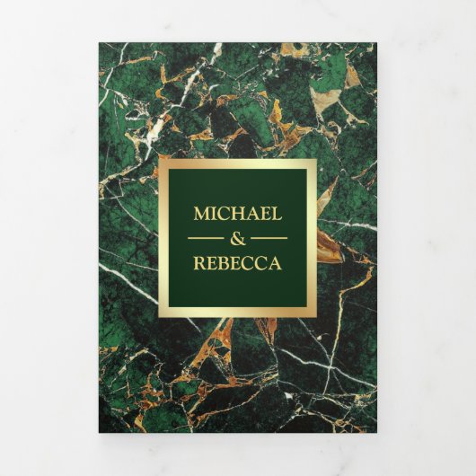 Emerald Green Marble Imitate Gold Foil Foto Hochze Dreifach Gefaltete Einladung (Cover)