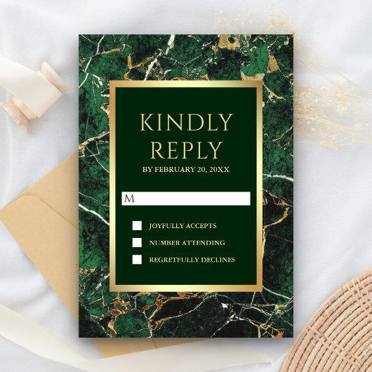Emerald Green Marble Imitate Gold Foil Wedding RSVP Karte