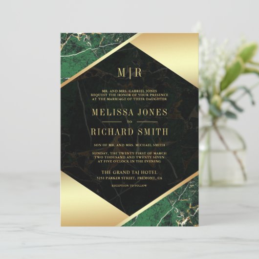 Emerald Green Marble Monogram All in one Wedle Einladung (Stehend Vorderseite)