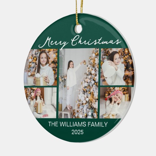 Emerald Green Merry Christmas Photo Collage Keramik Ornament (Links)