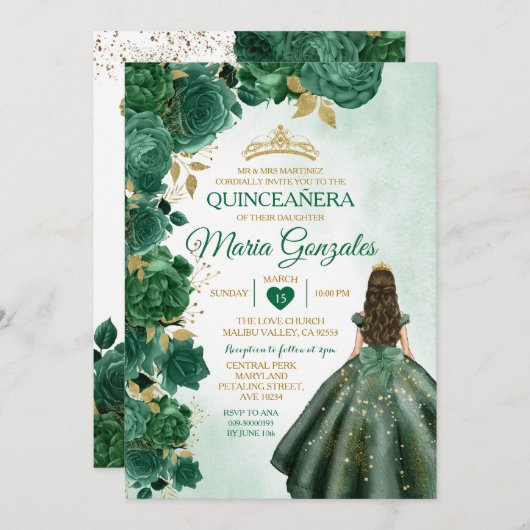 Emerald Green Mexican Quinceañera 16. Schmetterlin Einladung (Vorne/Hinten)
