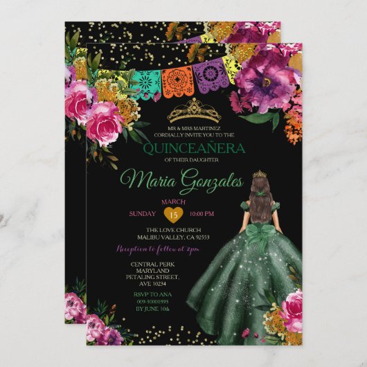 Emerald Green Mexican Quinceañera 16. Schmetterlin Einladung (Vorne/Hinten)