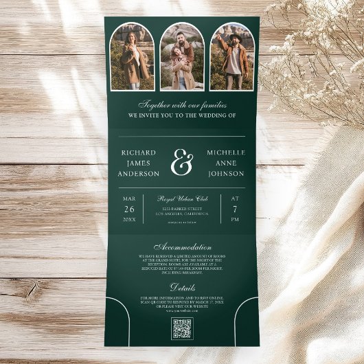 Emerald Green Minimal Arch Photo QR code Wedding Dreifach Gefaltete Einladung