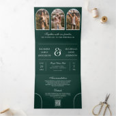 Emerald Green Minimal Arch Photo QR code Wedding Dreifach Gefaltete Einladung (Innenseite)