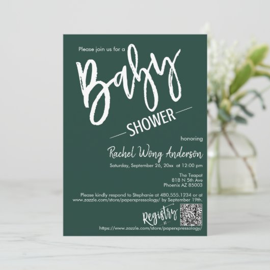 Emerald Green Minimal Script Baby Shower QR Code Einladung (Stehend Vorderseite)