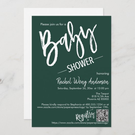 Emerald Green Minimal Script Baby Shower QR Code Einladung (Vorne/Hinten)