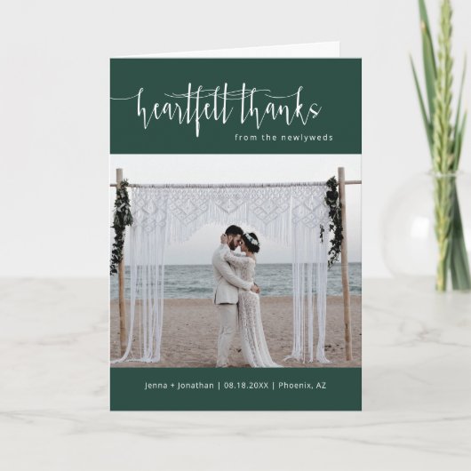 Emerald Green Minimal Script Wedding Foto geklappt Dankeskarte (Vorderseite)